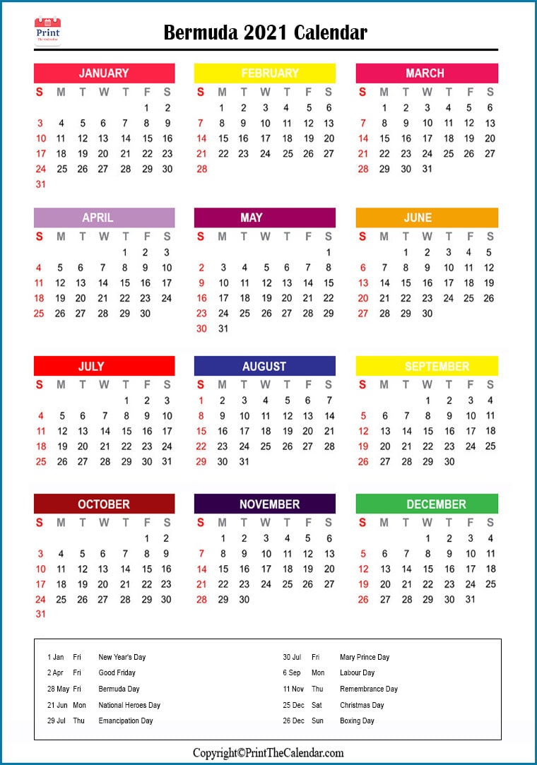 Bermuda Calendar 2021 with Bermuda Public Holidays